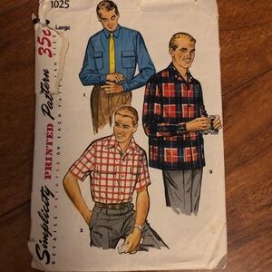 Simplicity 1025. Vintage 50s Button Down Shirts sewing pattern